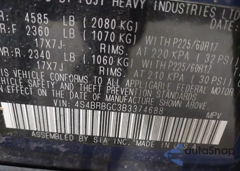 2011 Subaru Outback 2.5I Premium from USA, damaged, VIN 4S4BRBGC3B3374688